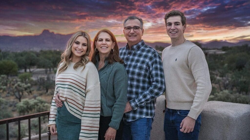 Four family members stand together on a terrace beneath a dramatic purple and pink desert sky.