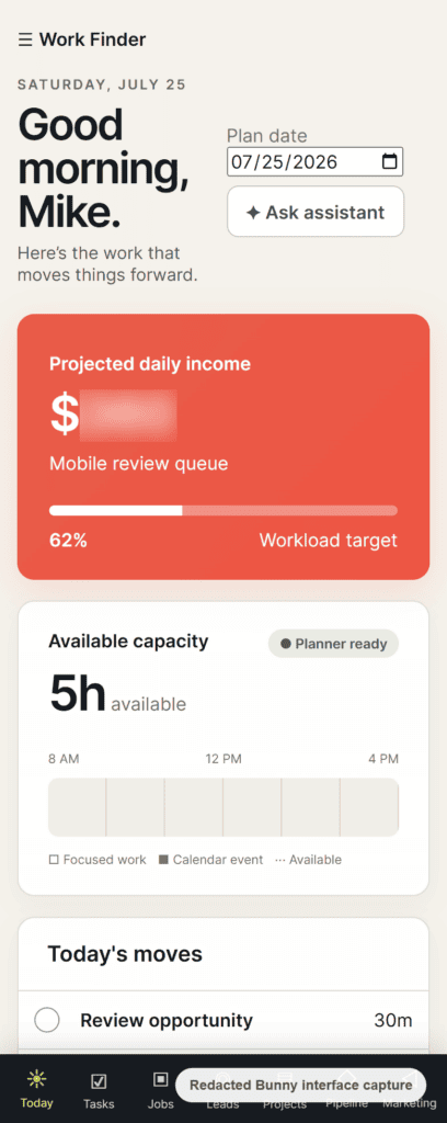 Bunny Today dashboard showing daily progress, available capacity, and tasks in a mobile layout