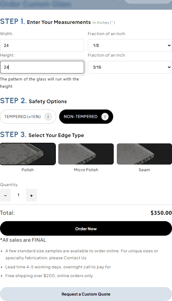 Completed glass configurator showing measurements, edge treatment, quantity, and total price.