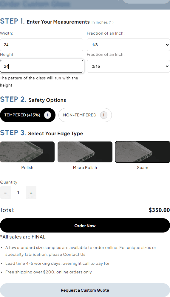 Custom glass measurement form with width, height, and fractional inch controls.