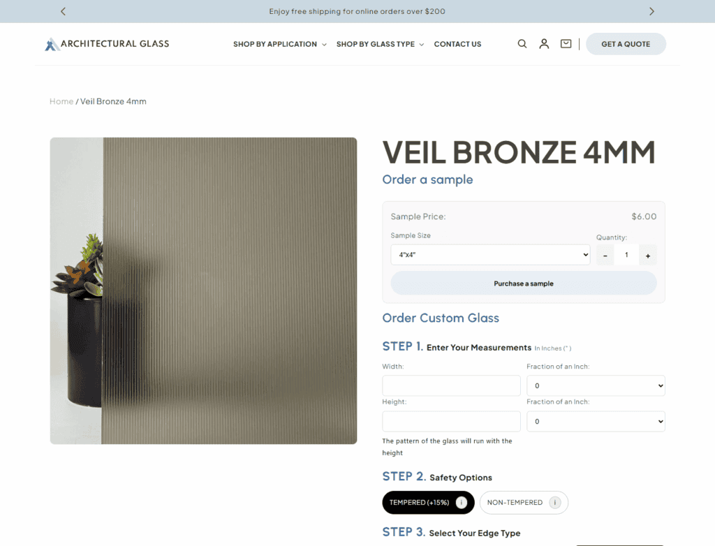 Architectural Glass Veil Bronze product page with sample purchase and custom glass options.