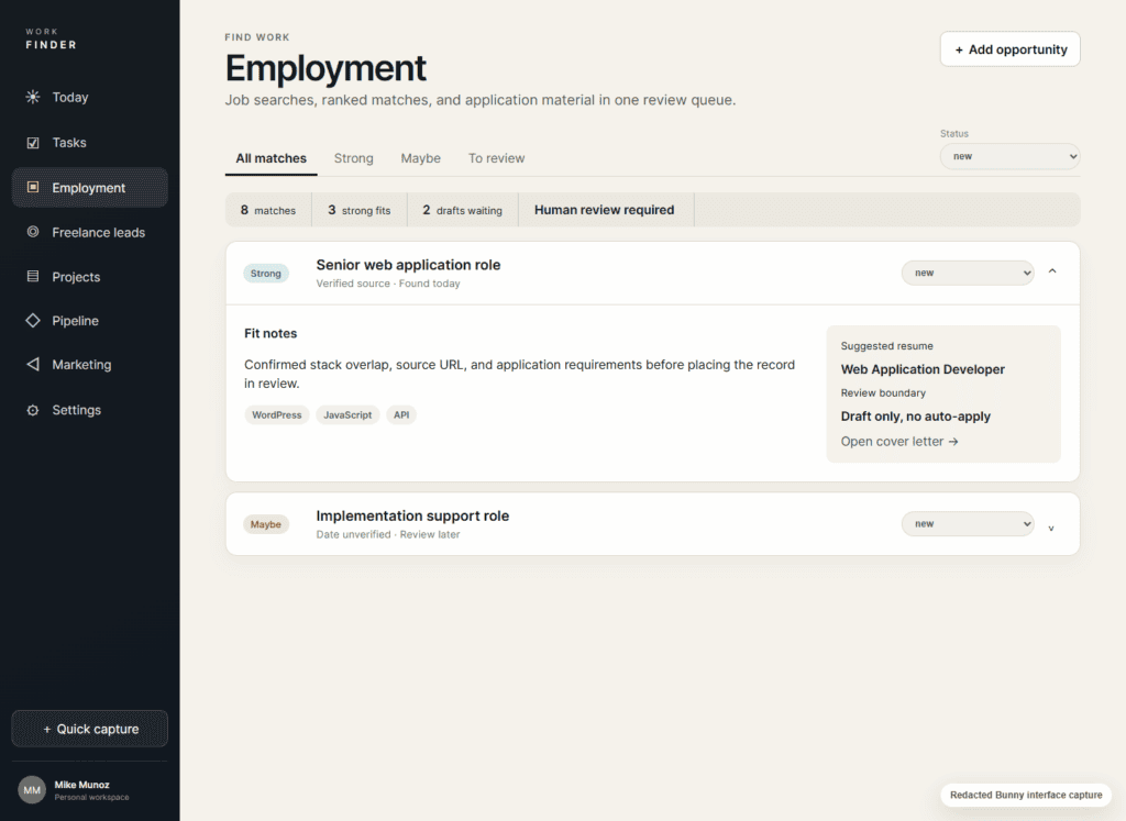 Redacted Bunny employment review queue with fit status, notes, and draft review controls.