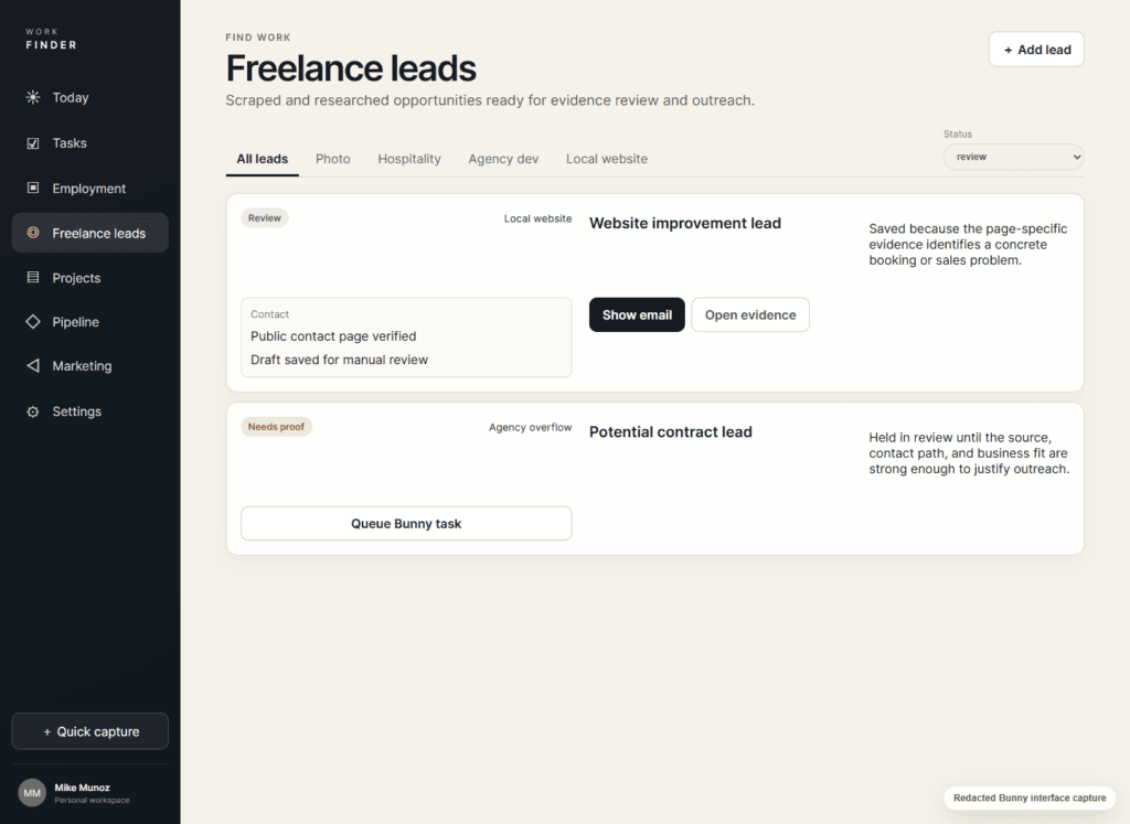 Redacted Bunny freelance lead review screen with evidence and outreach draft controls.