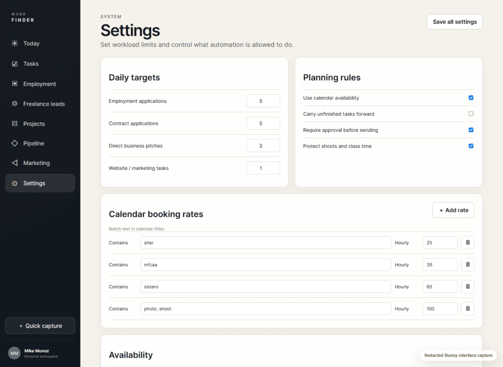 Redacted Bunny settings screen with daily targets, planning rules, availability, and connections.