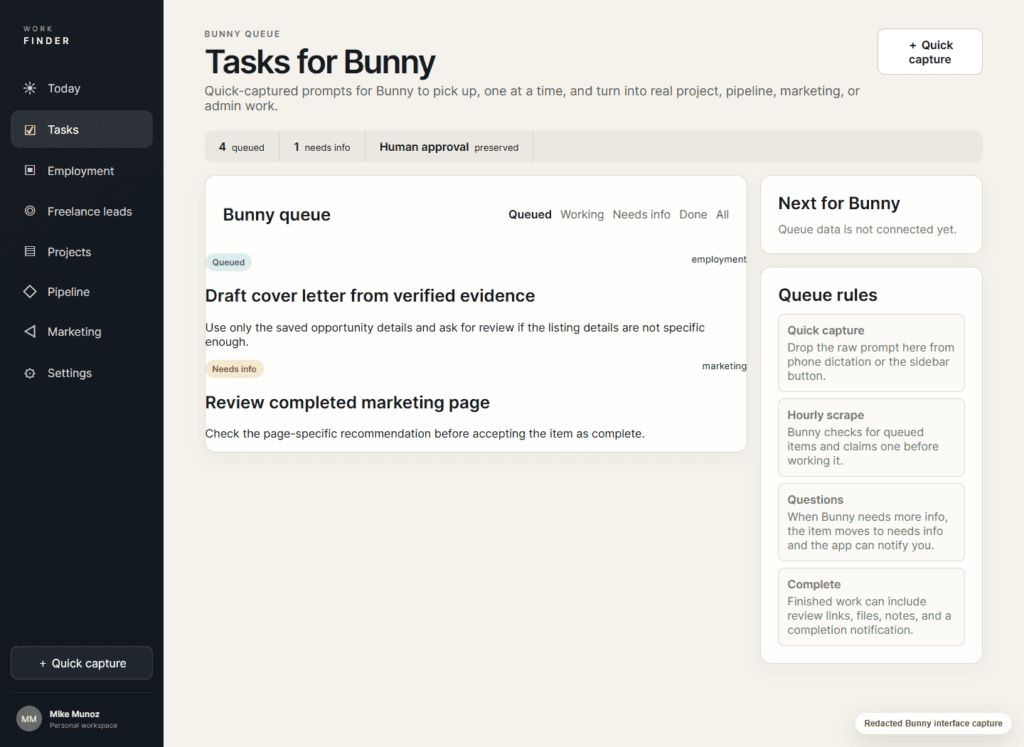 Redacted Bunny task queue showing queued and needs-info work items.