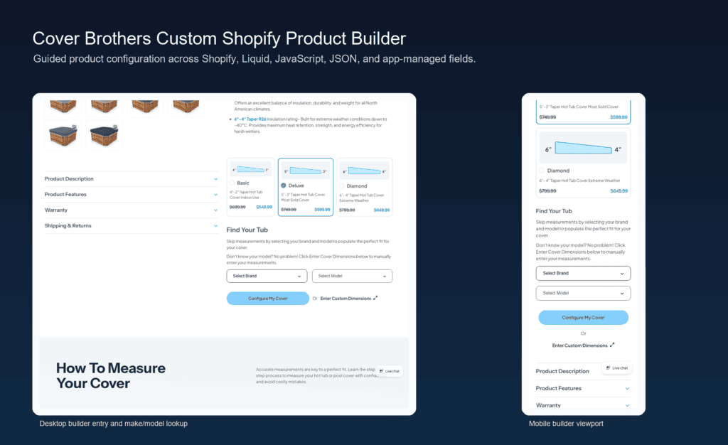 Cover Brothers Shopify product builder shown in desktop and mobile views