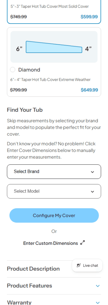 Mobile screenshot of the Cover Brothers custom spa cover builder