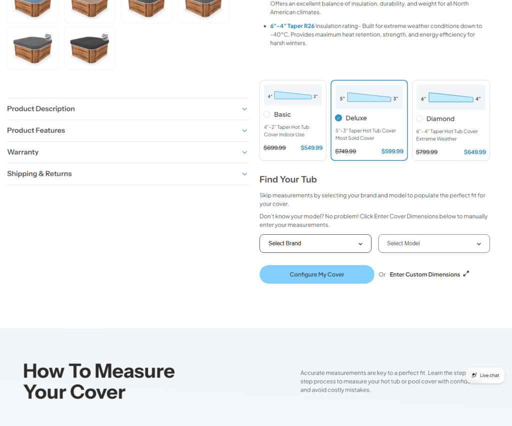 Cover Brothers custom spa cover builder with make and model lookup