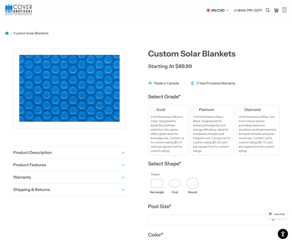 Cover Brothers solar blanket builder with shape grade and size options