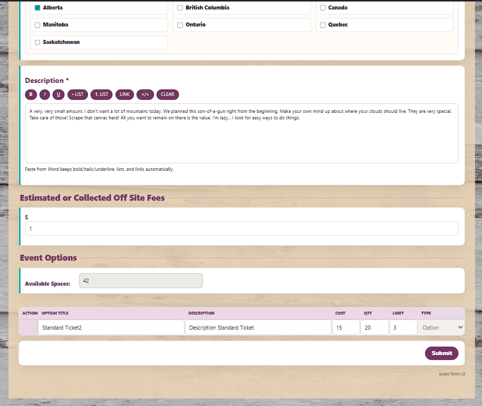 Sisters on the Fly event editor with ticket options and capacity fields