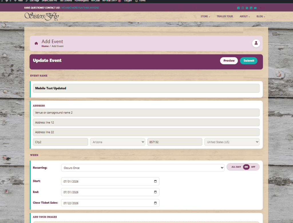 Sisters on the Fly event editor form with event details and scheduling fields