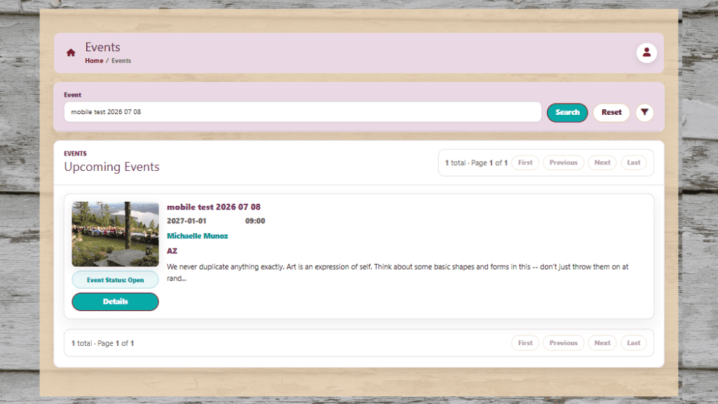Sisters on the Fly event search results page