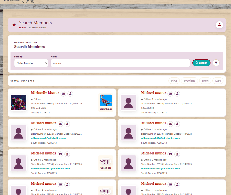 Sisters on the Fly member directory search results