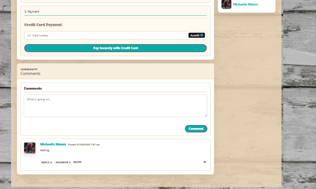 Sisters on the Fly payment and event comments interface