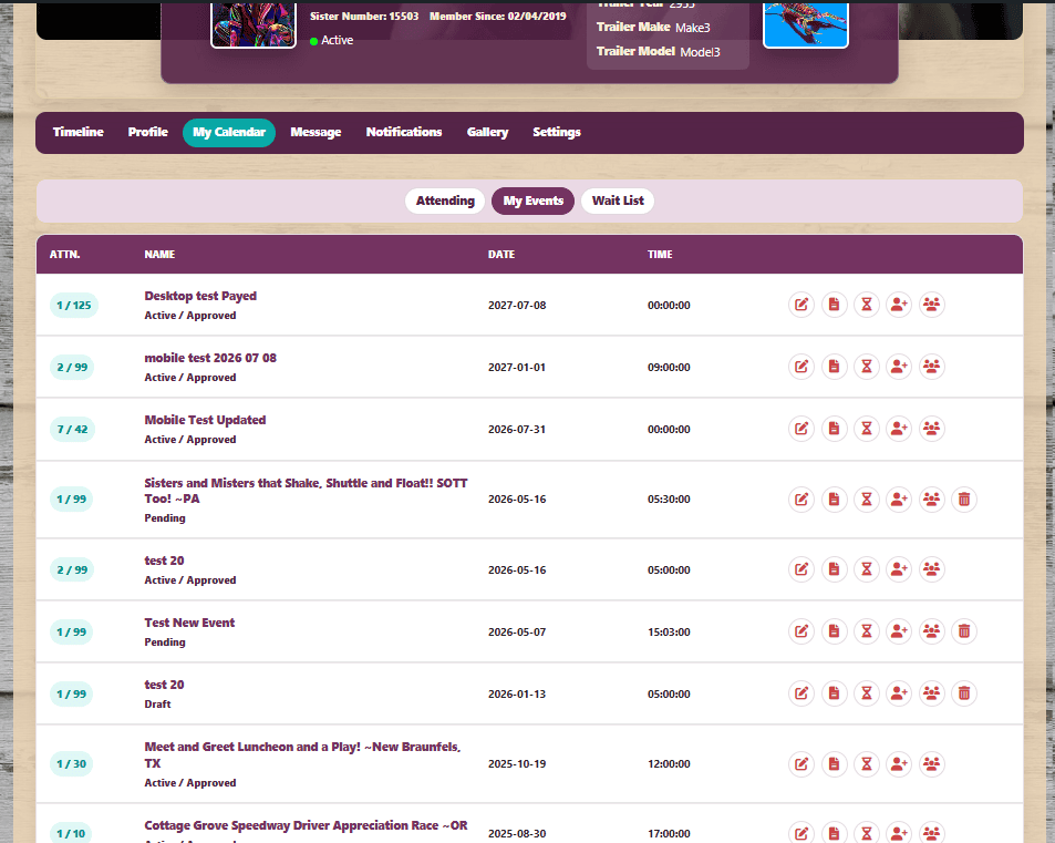 Sisters on the Fly member profile calendar with event management actions