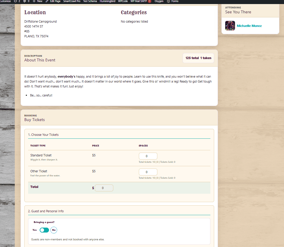 Sisters on the Fly event ticket booking interface