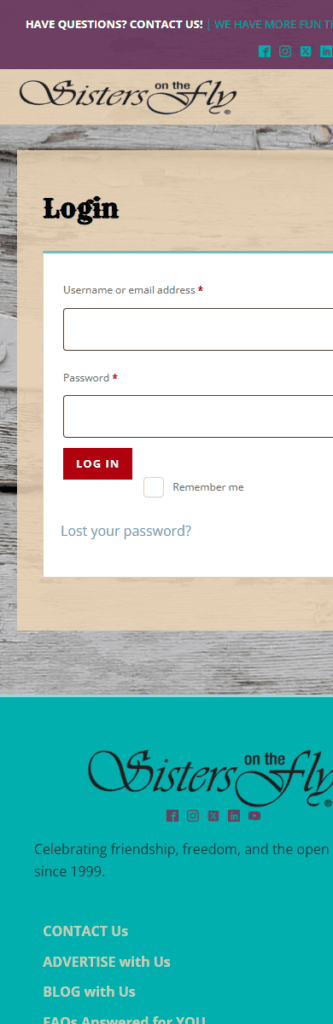 Mobile screenshot of Sisters on the Fly account login