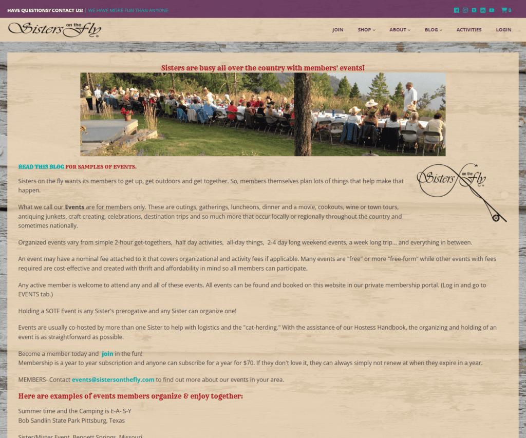 Desktop screenshot of the Sisters on the Fly staging activities page.