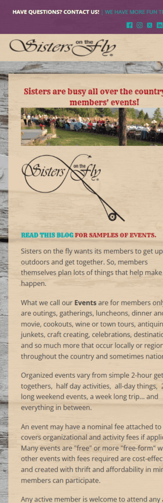 Mobile screenshot of Sisters on the Fly events and activities content