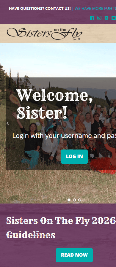 Mobile screenshot of the Sisters on the Fly staging homepage.