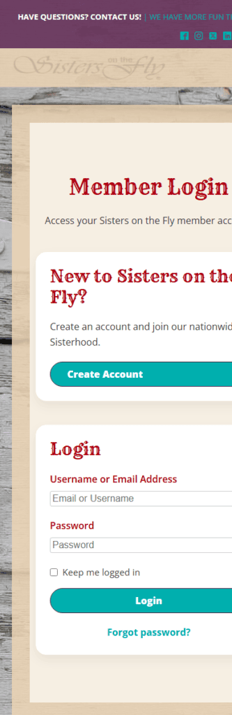 Mobile screenshot of Sisters on the Fly member login