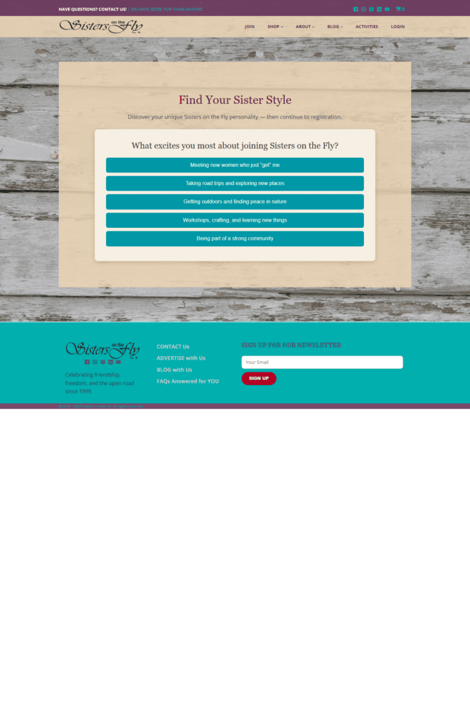 Desktop screenshot of the Sisters on the Fly membership quiz.