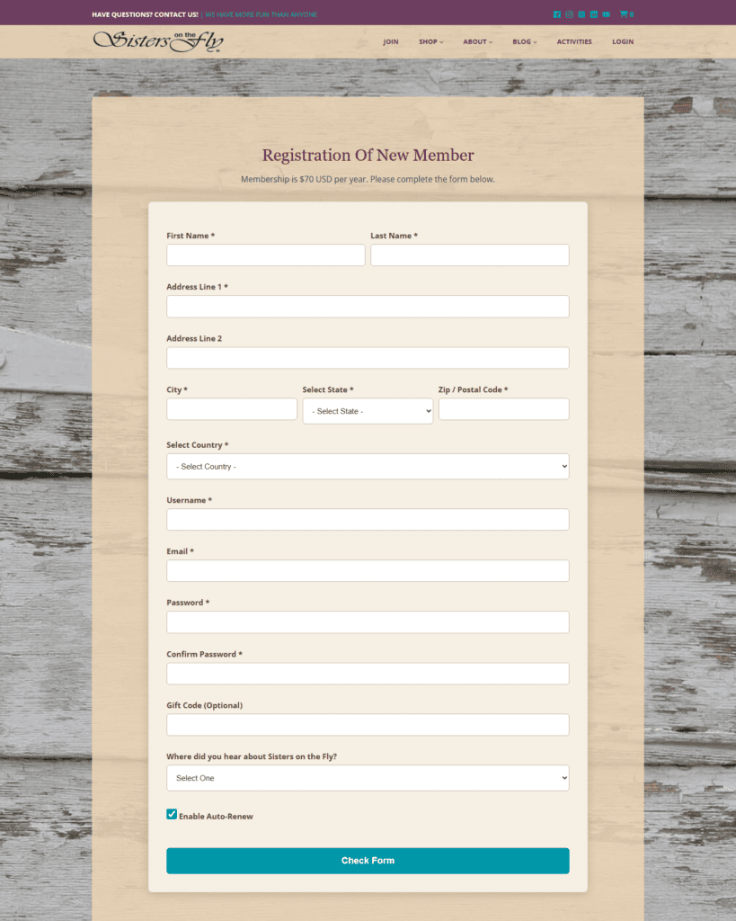 Desktop screenshot of the Sisters on the Fly membership registration form.
