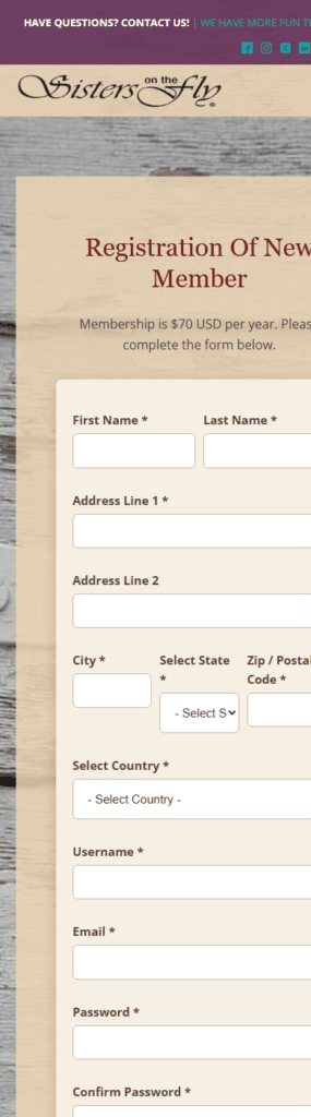 Mobile screenshot of the Sisters on the Fly membership registration form.